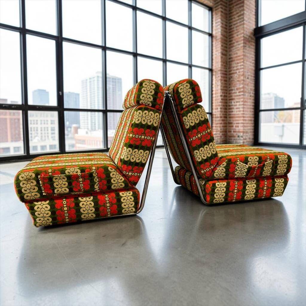 Ensemble de 2 fauteuils/canapés-lits vintage vert orange