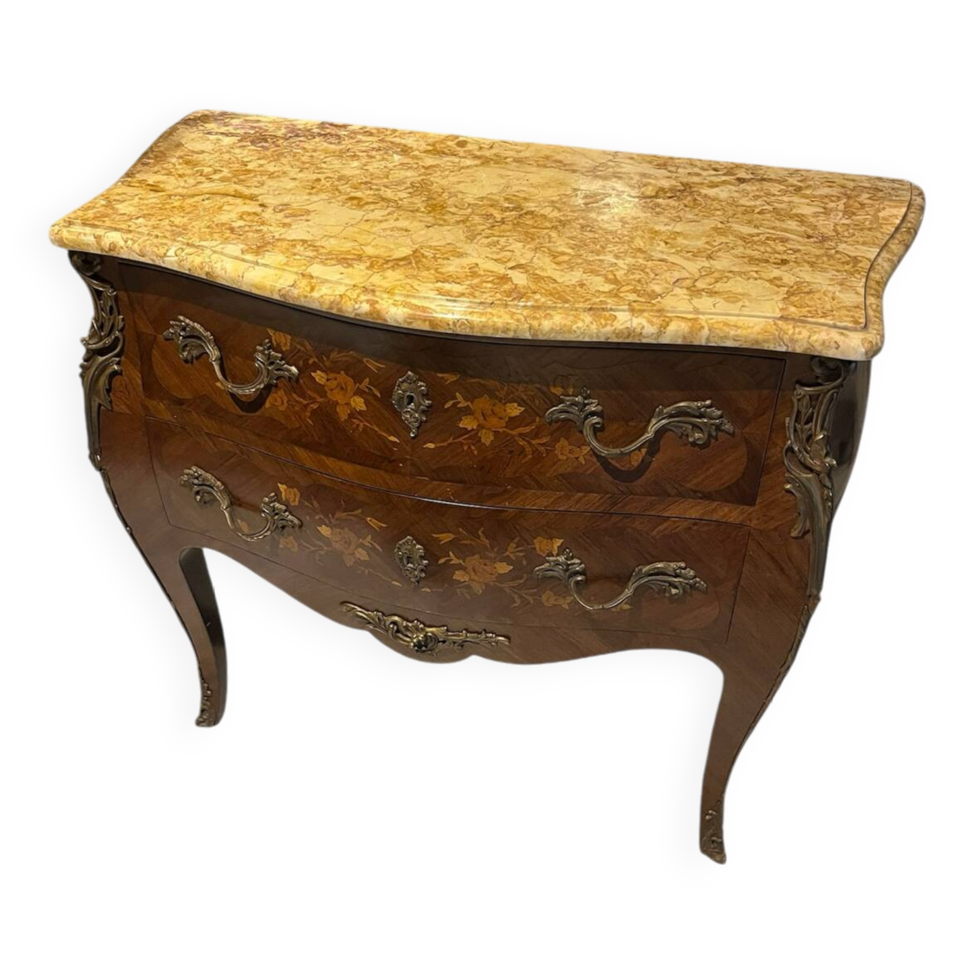 Curved chest of drawers with marquetry and marble