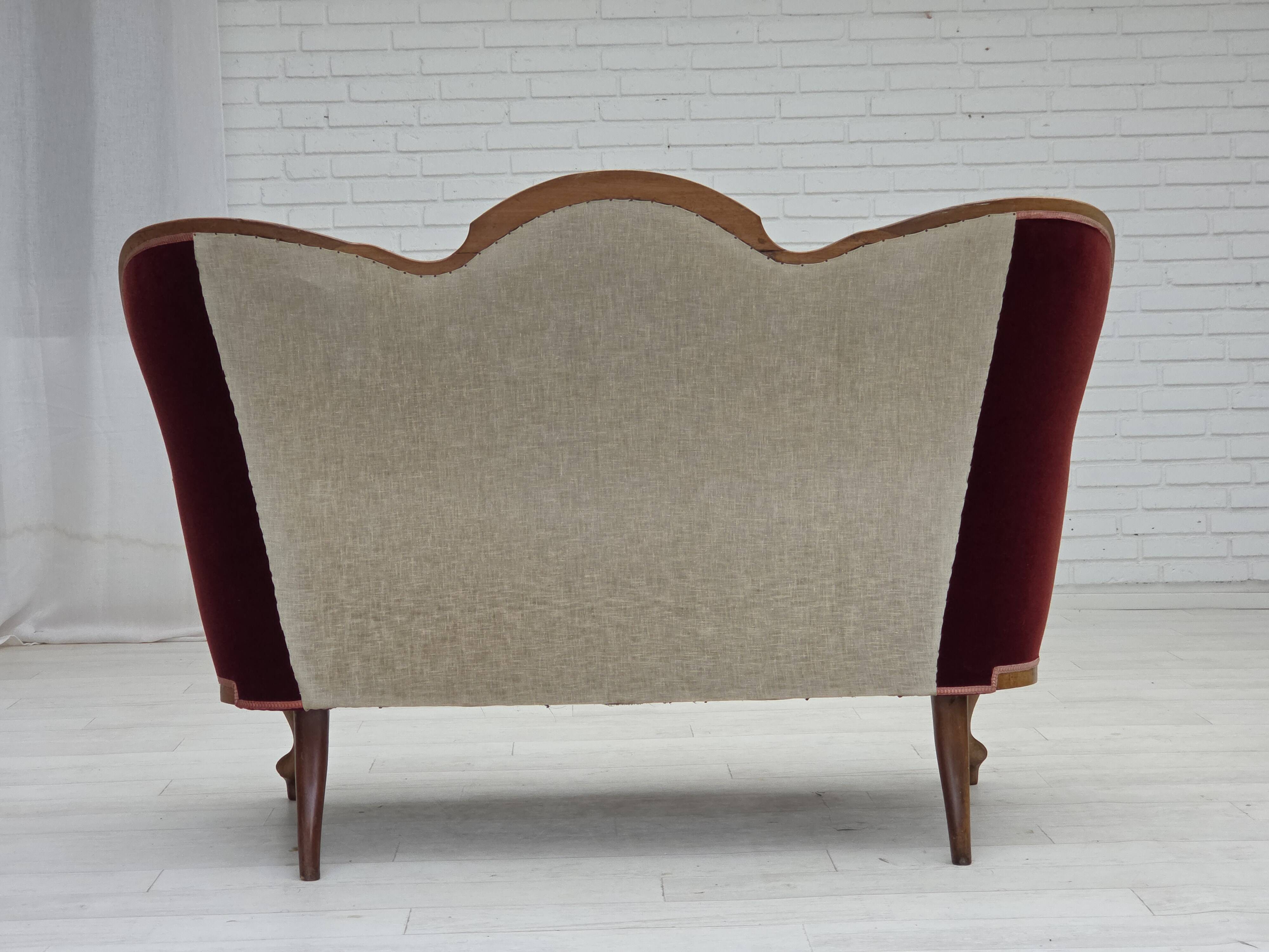 1930s, Danish 2-seater sofa, furniture velour, ash wood, reupholstered.