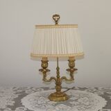 French Antique 2 Light Bronze Boulotte Table Lamp With Cream Pleated Shade