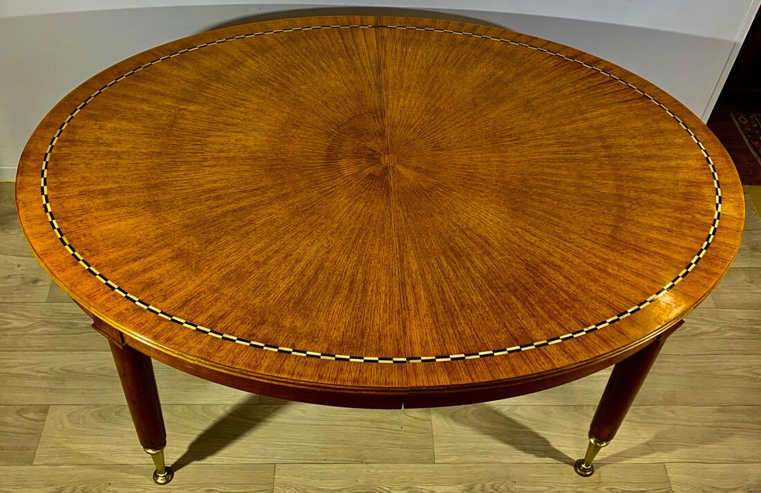Oval dining table 1960 with 4 extensions, precious wood marquetry