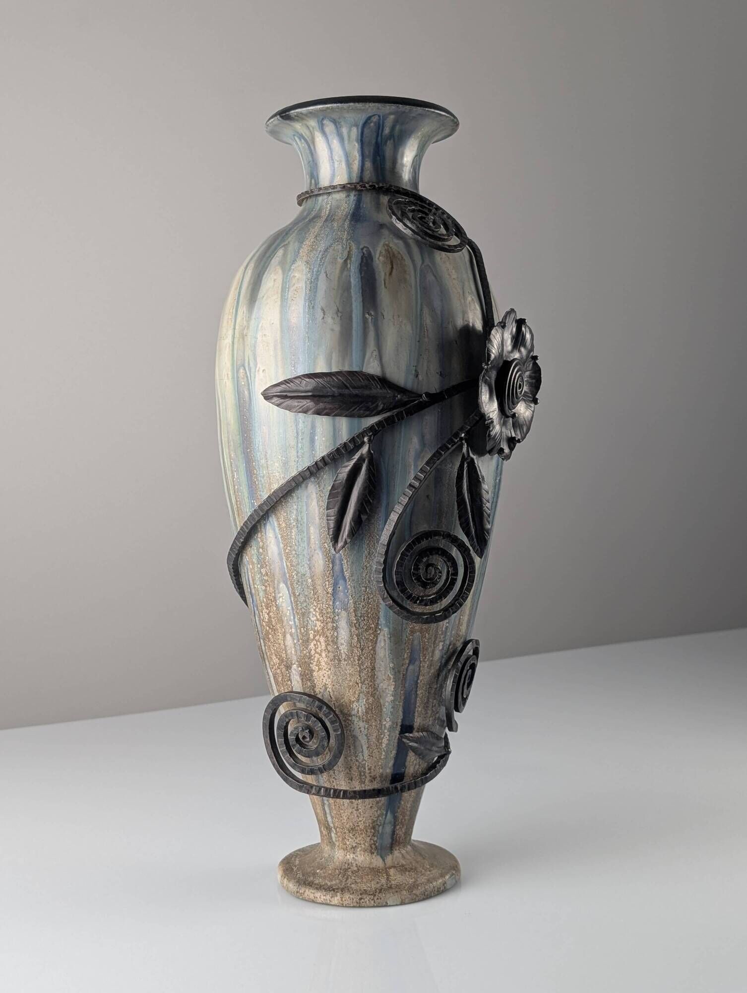 Roger Guérin Belgian Art Deco Stoneware & Wrought Iron Vase 1930s