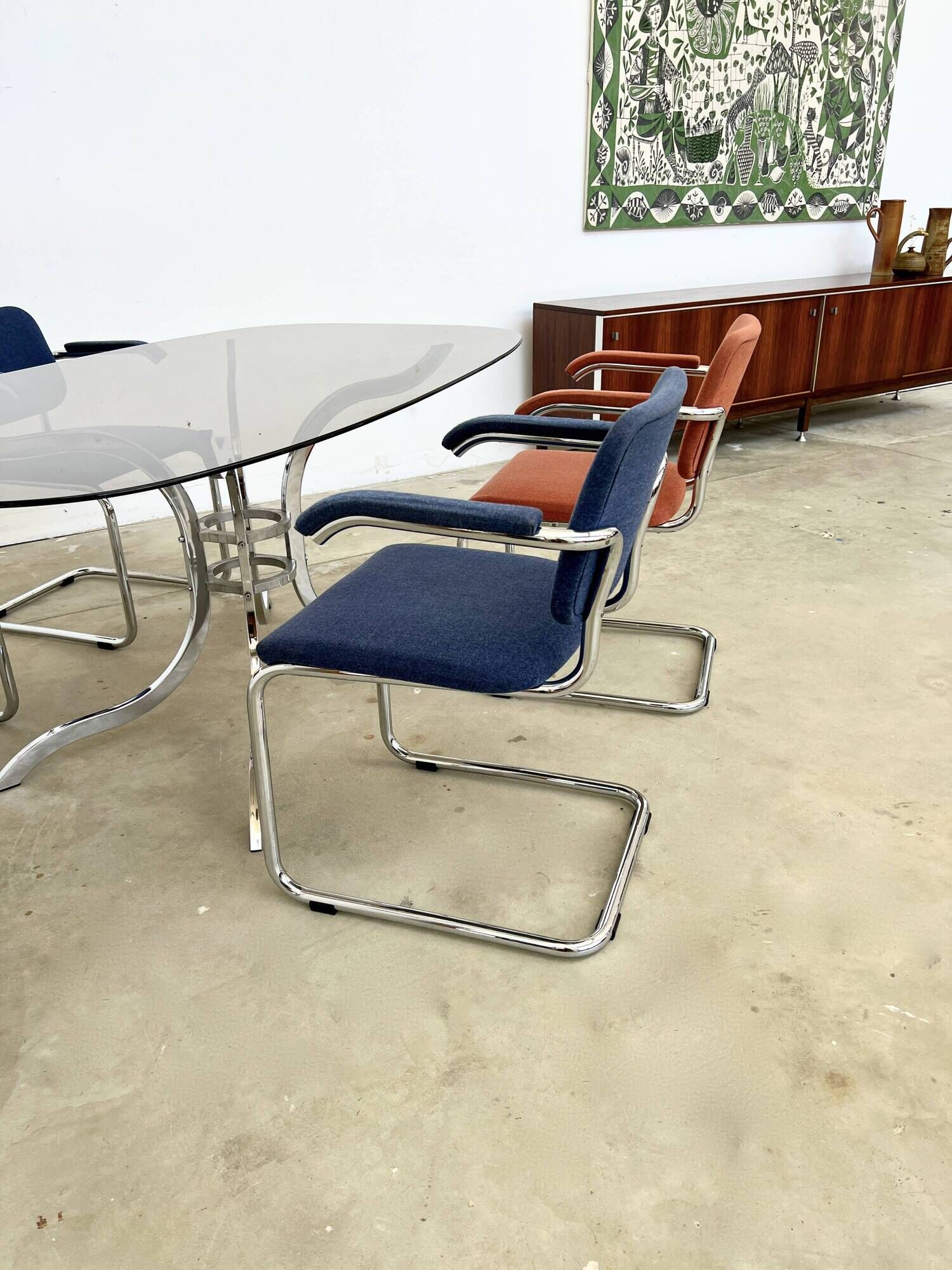 Pair of Marcel Breuer B64 Knoll armchairs in coral fabric