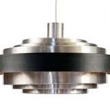 Multi layered "space age" pendant light in brushed aluminium with red light effect. Denmark 1960s
