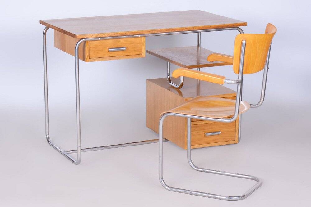 Bauhaus Writing Desk in Oak, Chrome-Plated Steel, Germany, 1930s