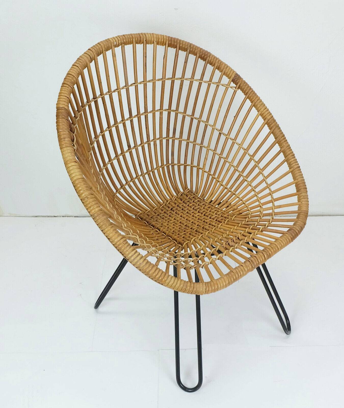 1960s mid century armchair bamboo wicker with hairpin legs