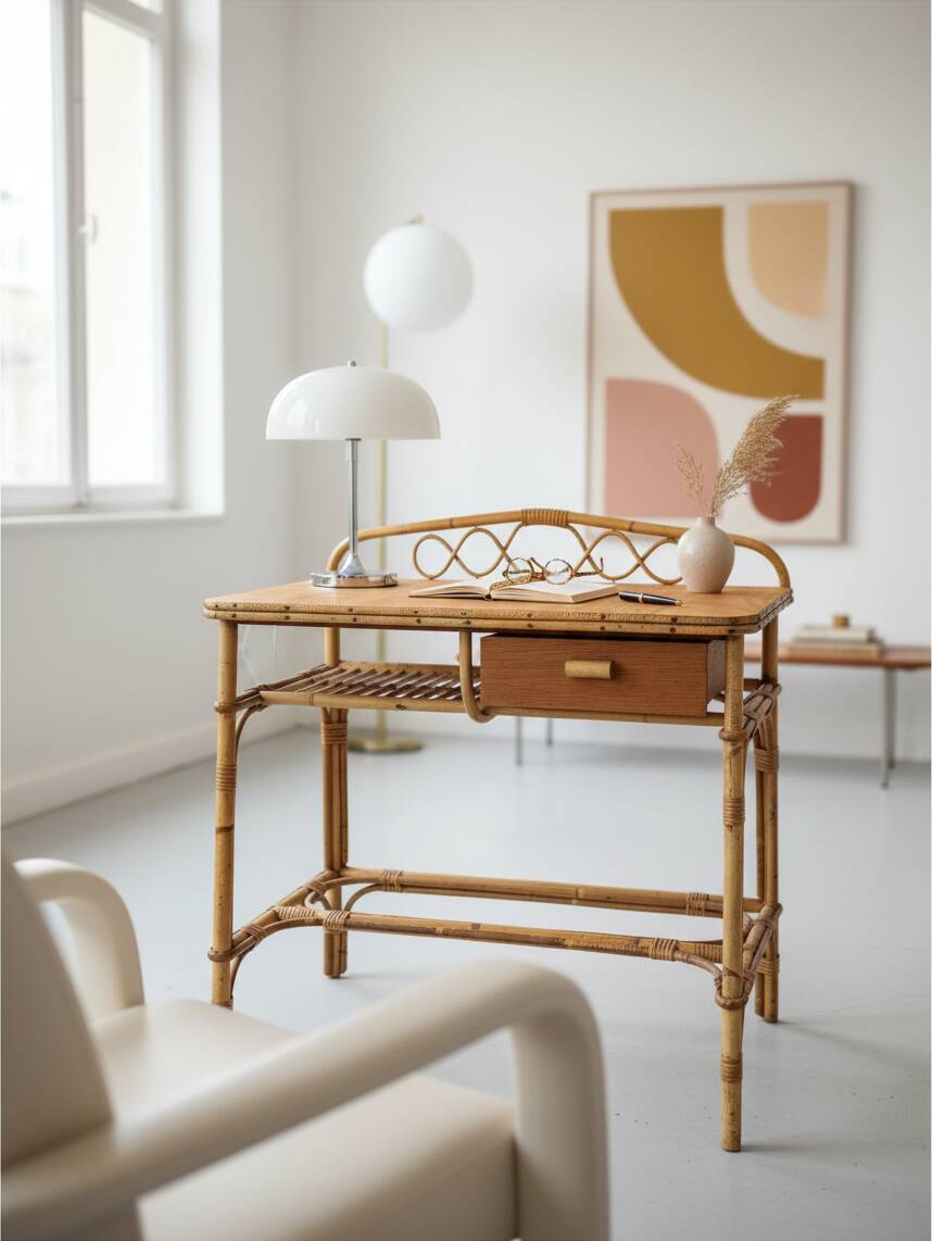 Vintage rattan and bamboo desk or dressing table (81x47 cm) – Riviera style,