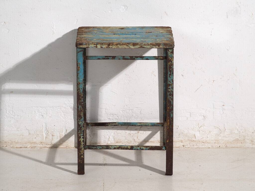 Vintage industrial stool made of pine wood and iron – Central Europe, around 1950