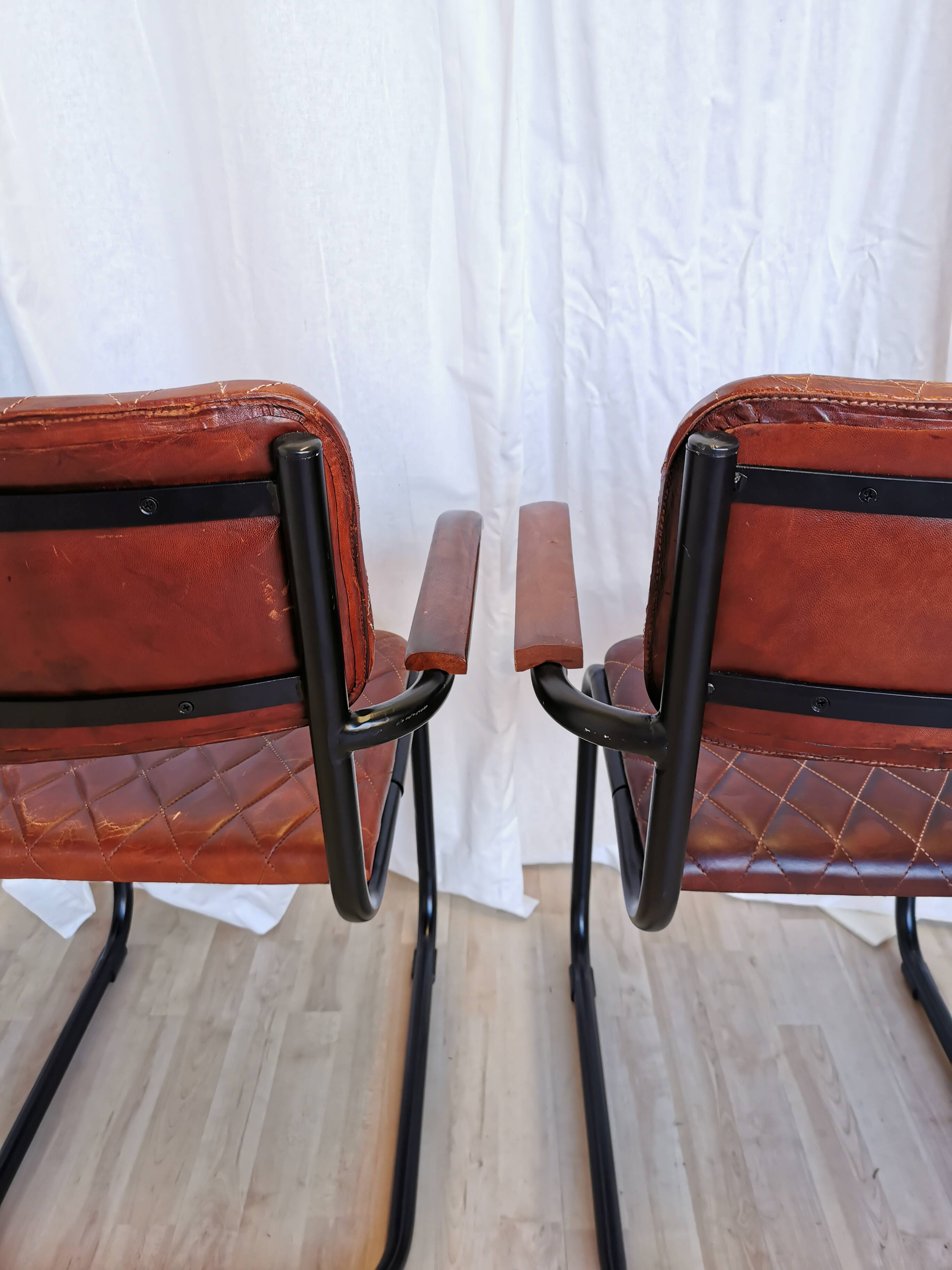 Set of 4 Vintage Quilted Leather Dining Chairs: Black Metal Base