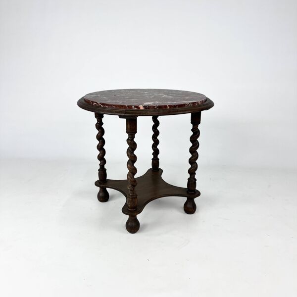 Table d'appoint ancienne avec pieds torsadés et plateau en marbre, années 1930