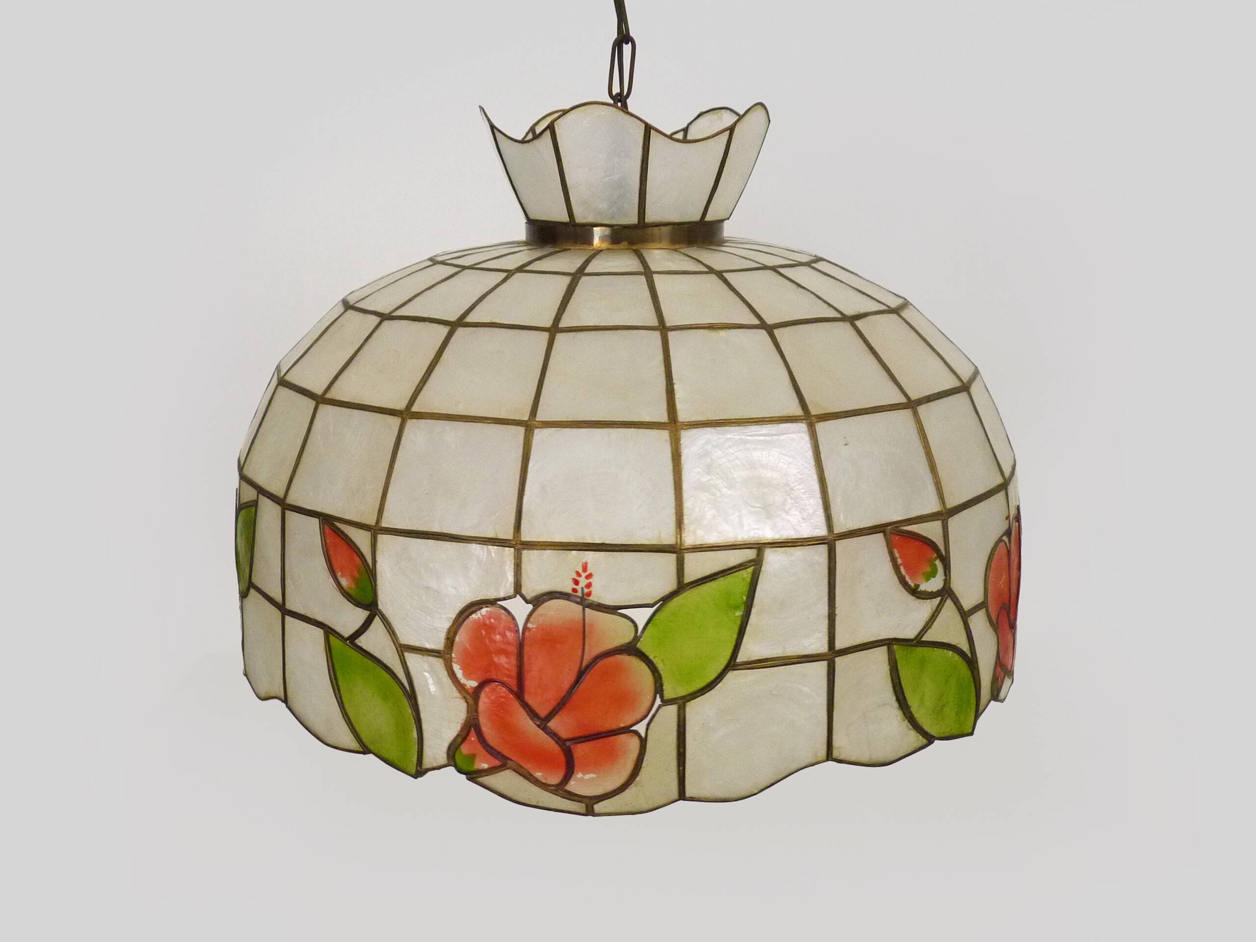 large pendant light, mother-of-pearl and brass chandelier, vintage, old light fixture. 70s