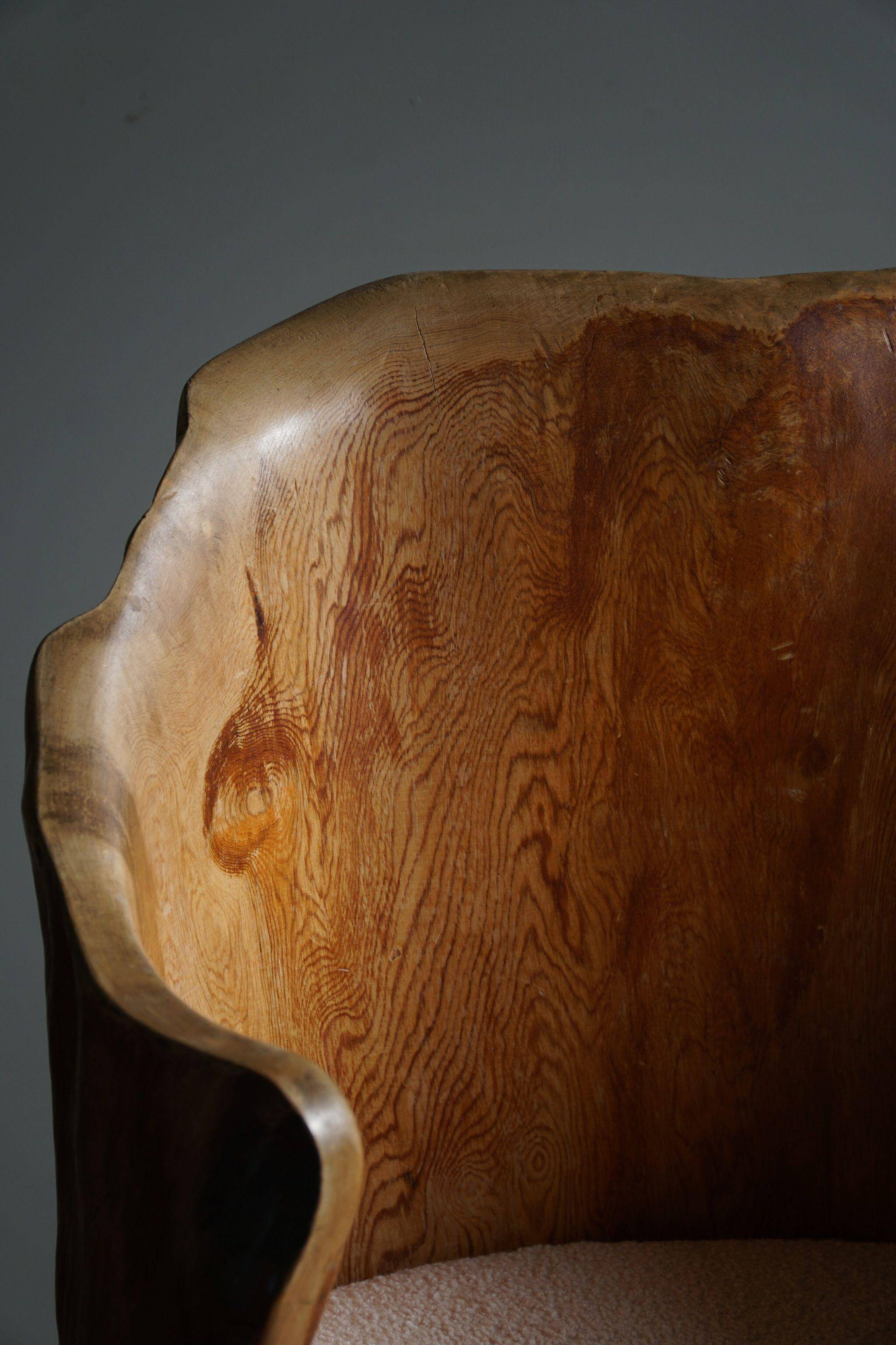 Sculptural brutalist armchair handcrafted in solid pine, Wabi Sabi style, Sweden, 1970s.