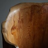Sculptural brutalist armchair handcrafted in solid pine, Wabi Sabi style, Sweden, 1970s.