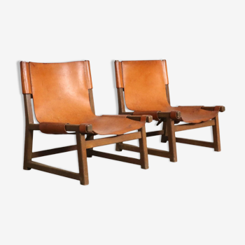 Pair of riaza chairs in cognac leather by paco muñoz for darro gallery, spain, 1960s.