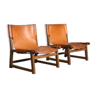 Paire de chaises riaza en cuir cognac par paco muñoz pour la galerie darro, espagne, années 1960.
