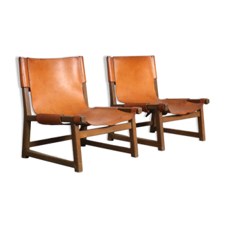 Pair of riaza chairs in cognac leather by paco muñoz for darro gallery, spain, 1960s.