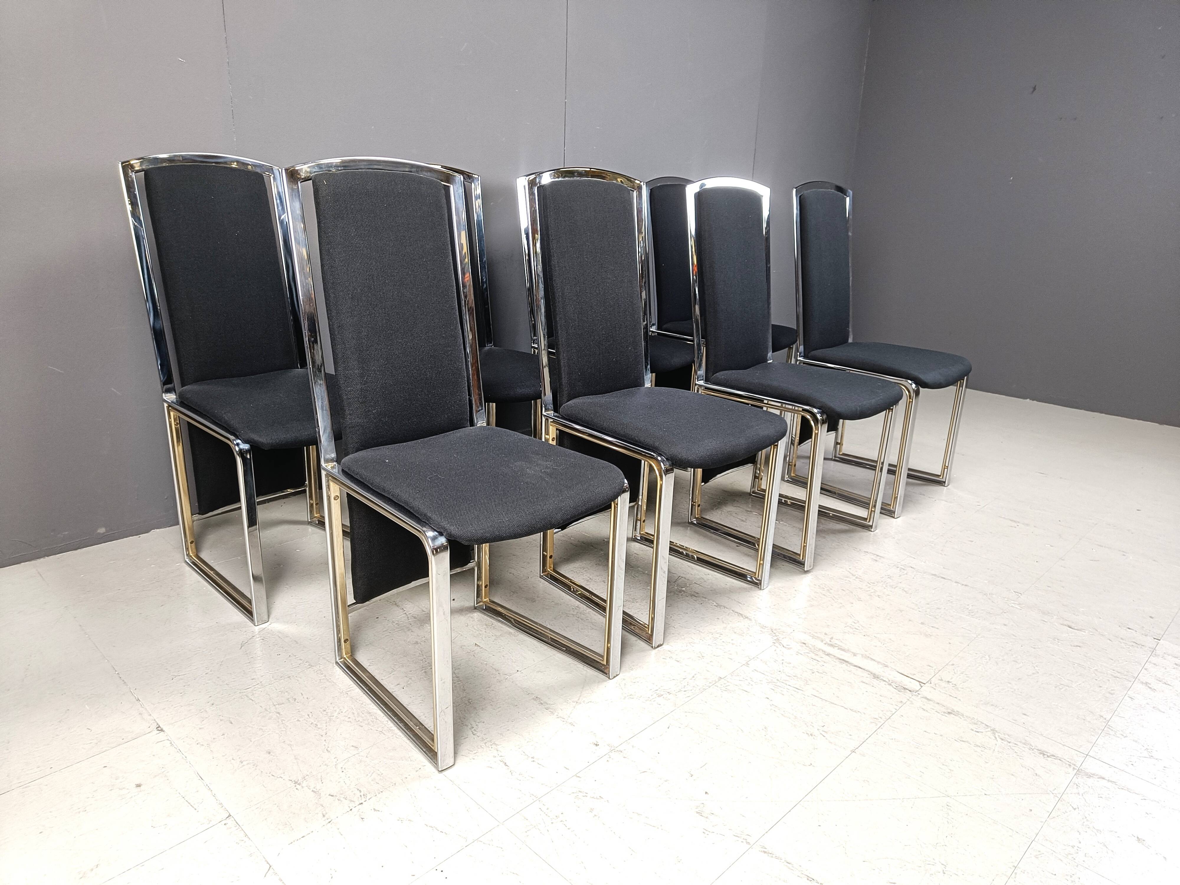 Lot de 8 chaises de salle à manger vintage en laiton et chrome - années 1970