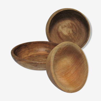 Three bowls solid wood turned patinated vintage