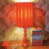 Vintage side lamp in orange painted wood and ribbed fabric shade