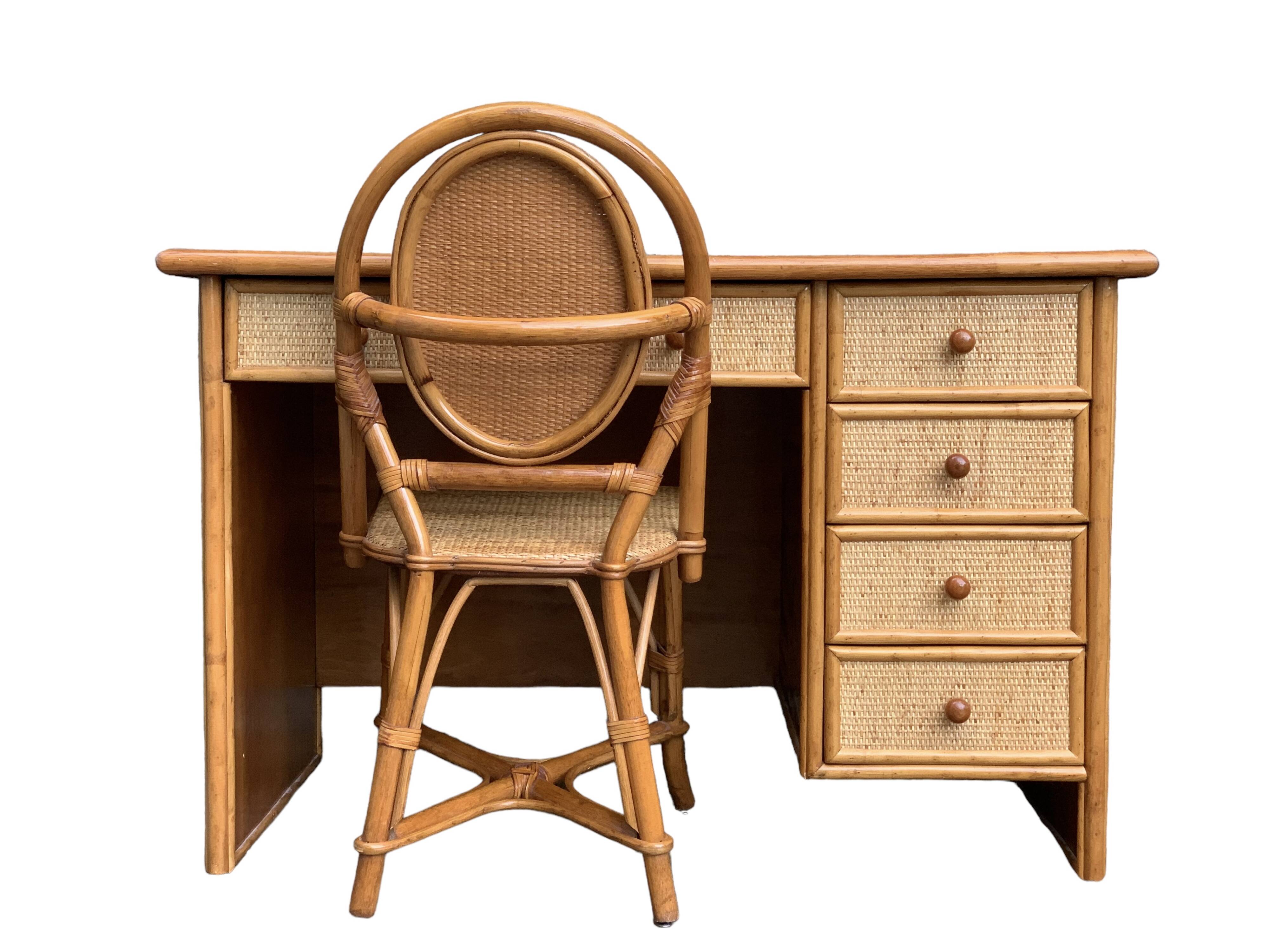 Vintage rattan and woven wicker desk 1970