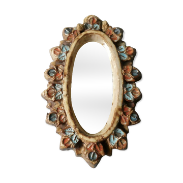 Miroir en céramique, fleurs émaillées, Vallauris