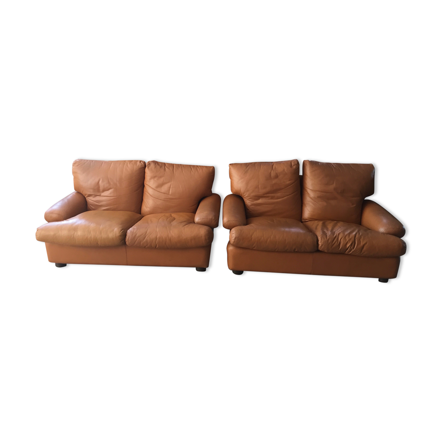 Pair of 2-seater fawn leather sofas Brunati Italian Design 1980