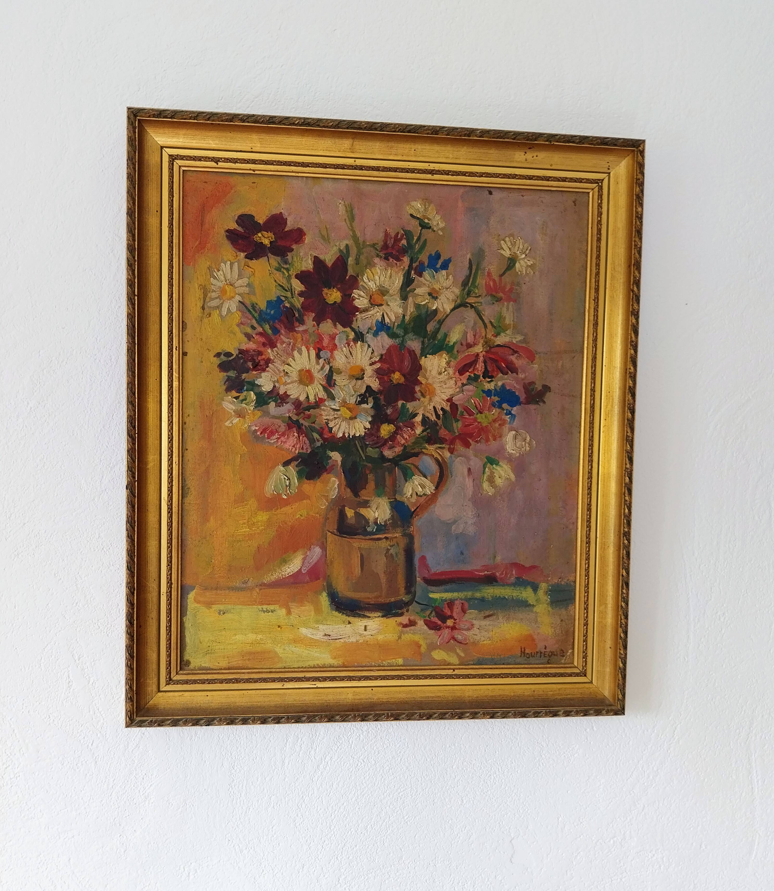 Huile sur panneau vintage signée Hourregue - bouquet de fleurs