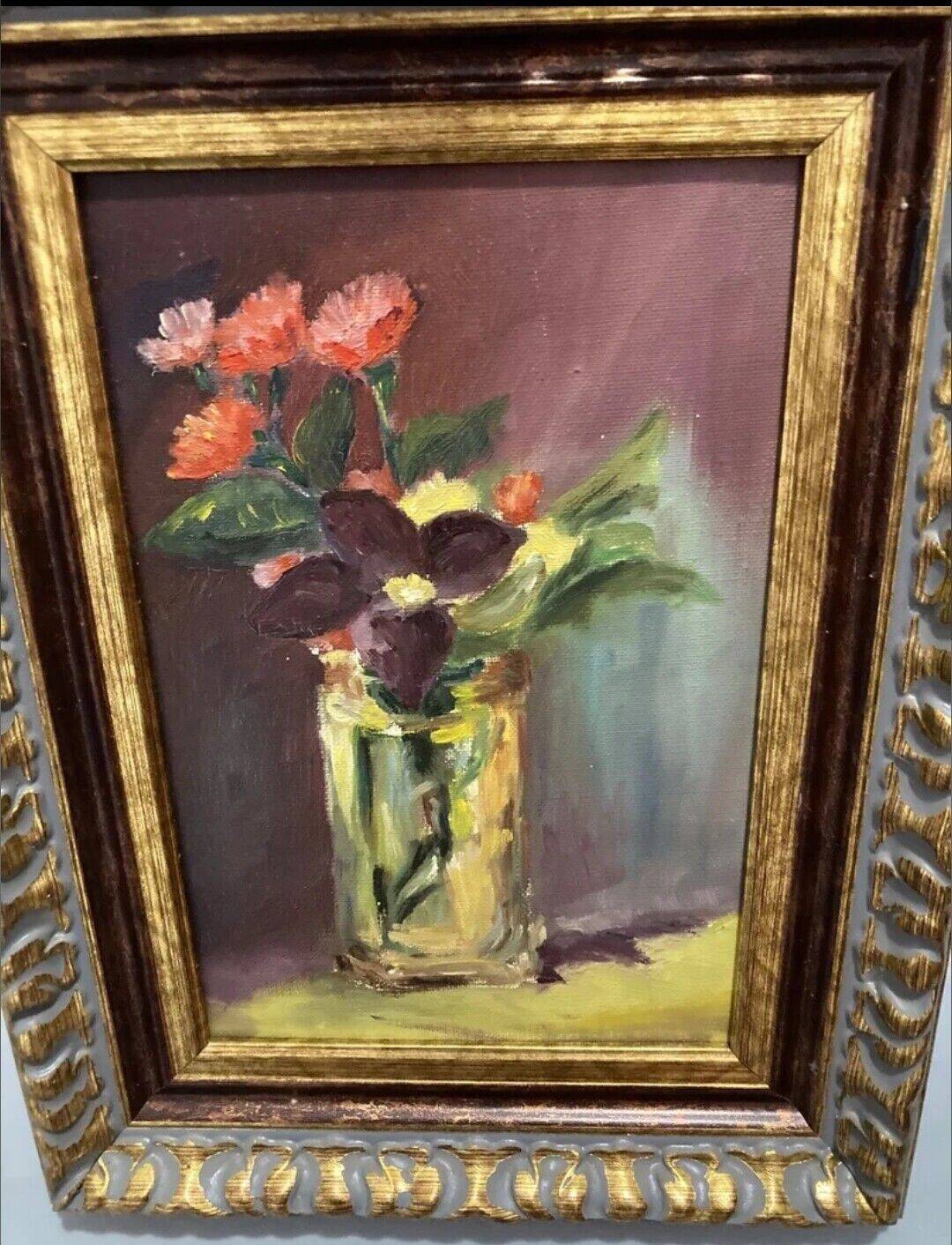 Ancient Oil Painting Still Life Flower Bouquet 20th Century