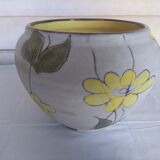 Cache pot vintage motif floral jaune signé Alain Maunier Vallauris