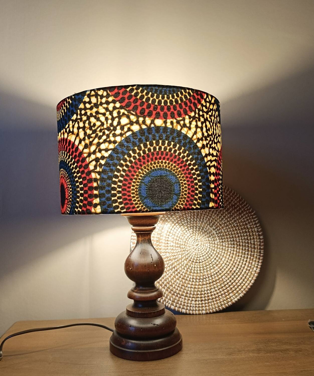 rustic chic solid wood lamp, ethnic wax lampshade with circles