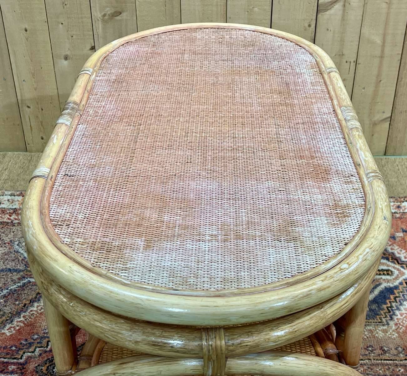 Bamboo and rattan living room set, 1 table and 2 chairs - 70s