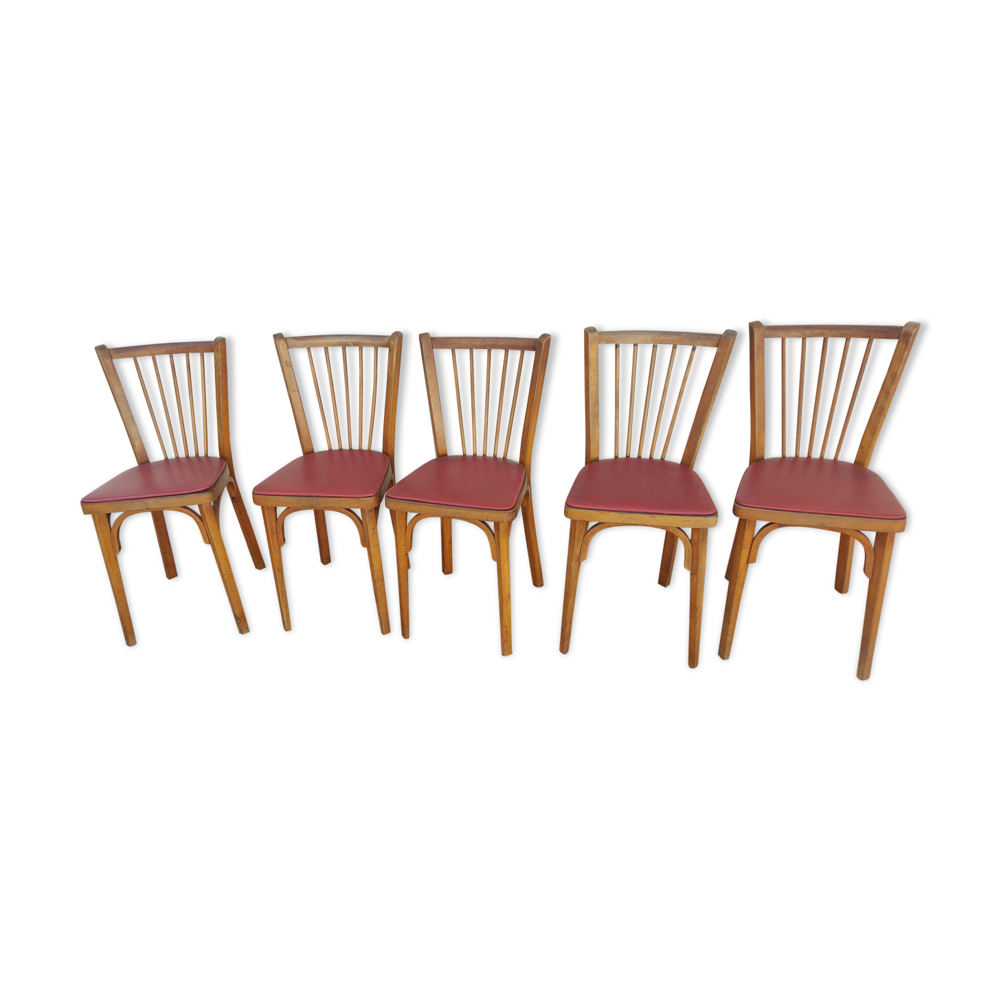 Lot de 5 chaises baumann en hêtre et simili cuir rouge 1950