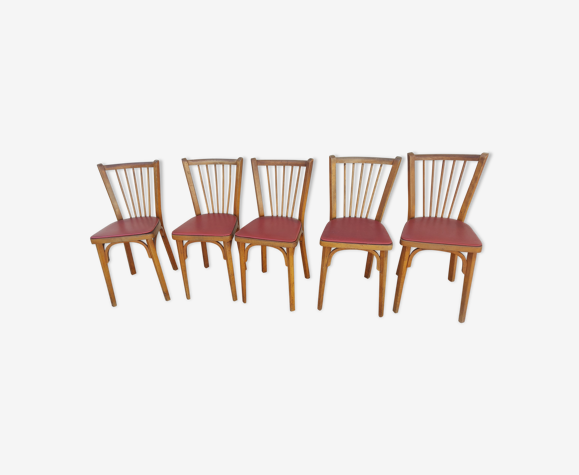 Lot de 5 chaises baumann en hêtre et simili cuir rouge 1950