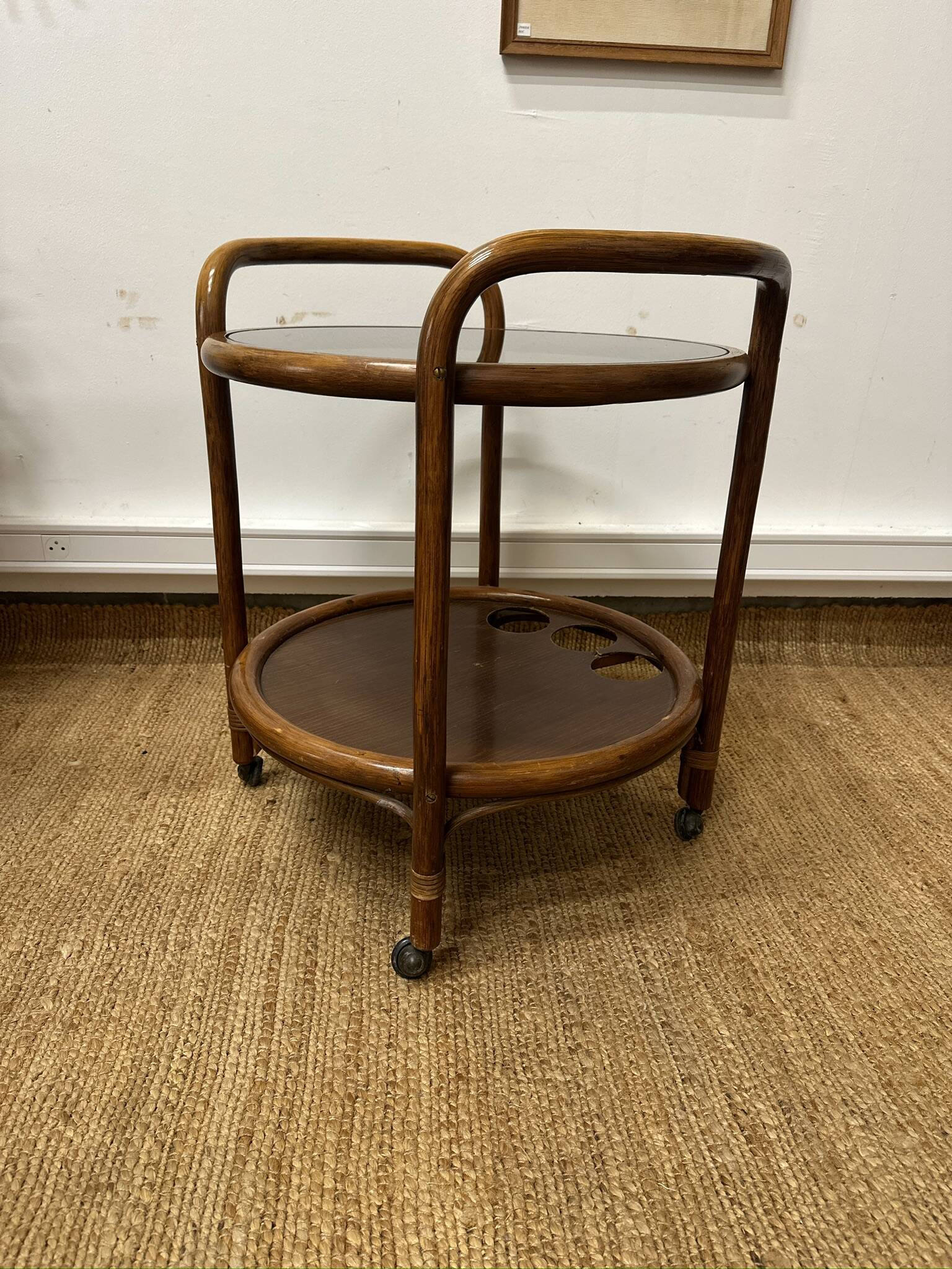Vintage curved wooden rolling dessert trolley – smoked glass top