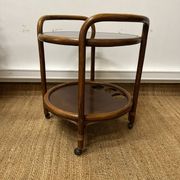 Vintage curved wooden rolling dessert trolley – smoked glass top