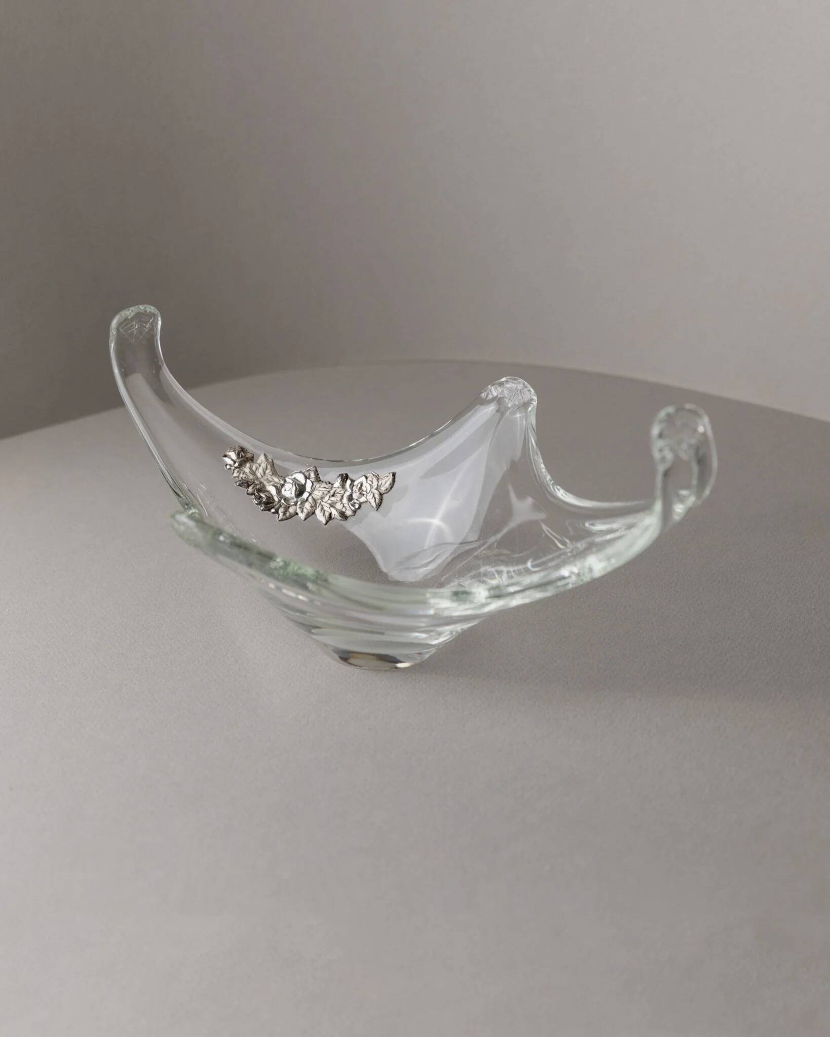 Transparent Murano Glass Bowl with Sterling Silver Flowers – Pointed, Italy 1970s Gift-worthy Centerpiece