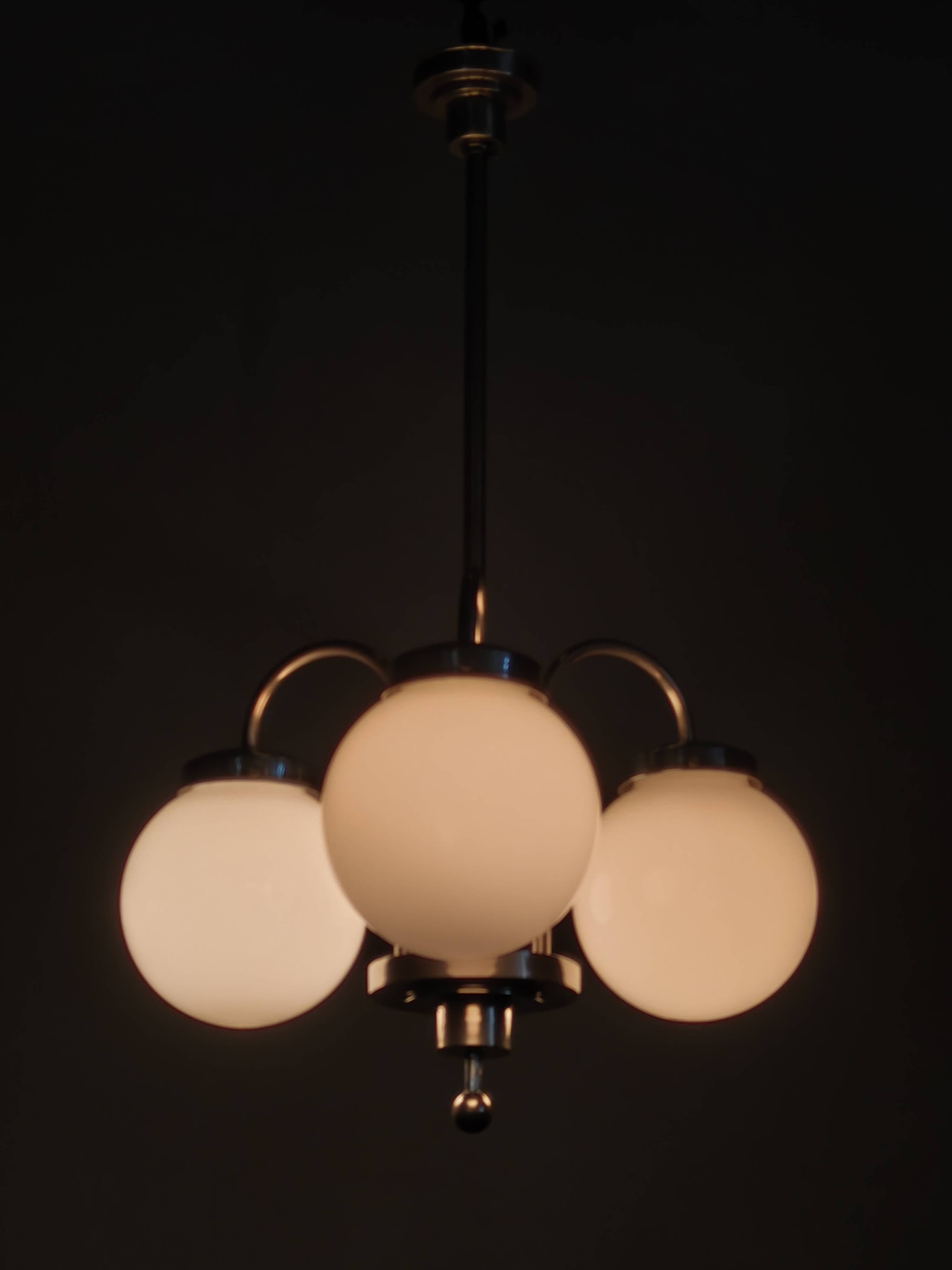 1930s Czech Art Deco Chandelier with Three Opaline Glass Globes