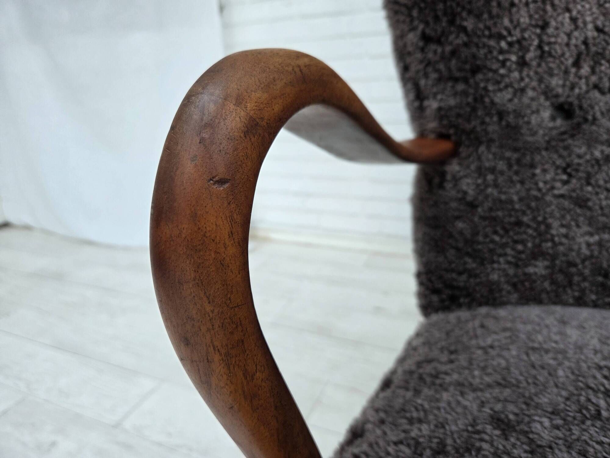 1960s, Danish armchair, reupholstered, genuine sheepskin.