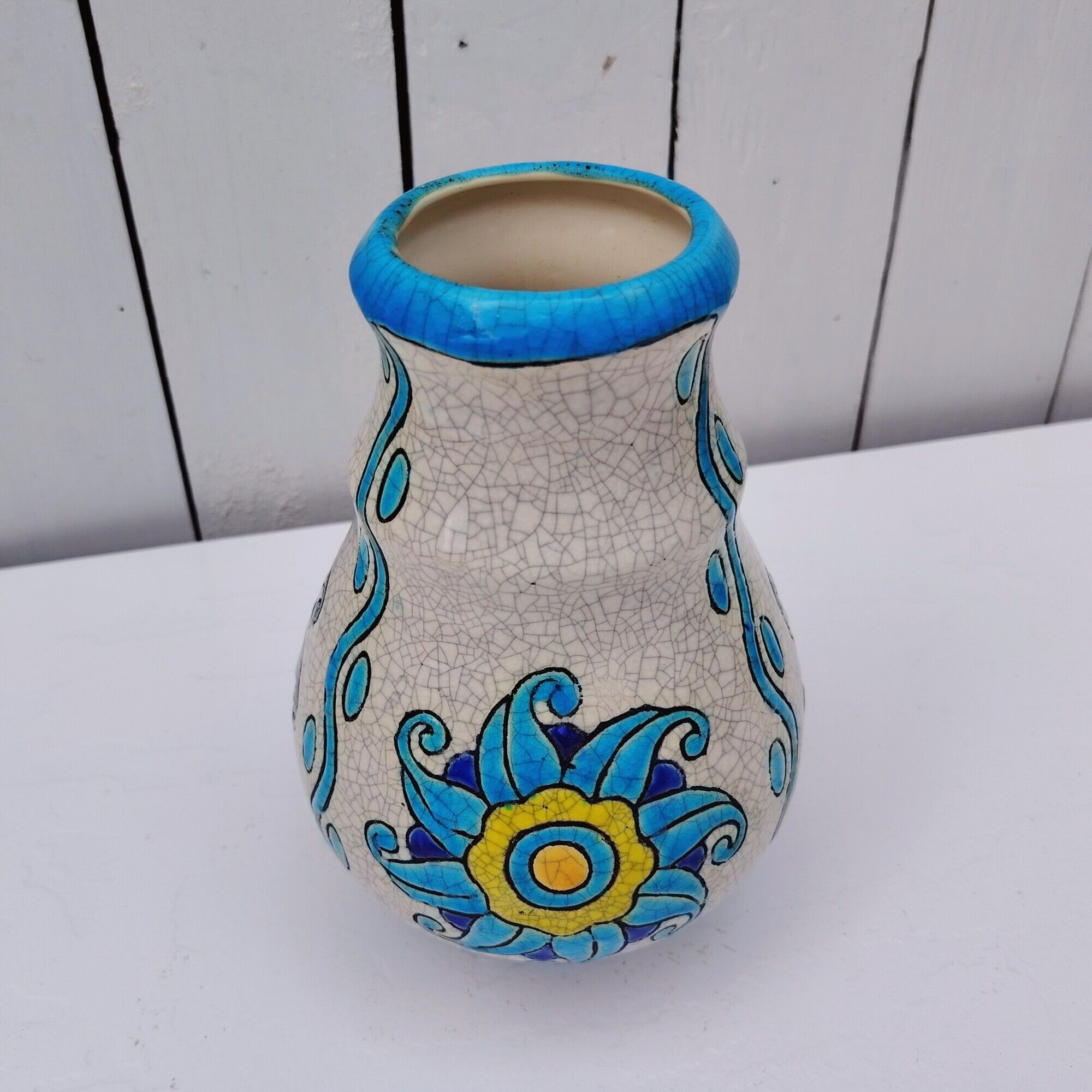 Glazed earthenware vase, floral/sun decoration, Catteau, Boch