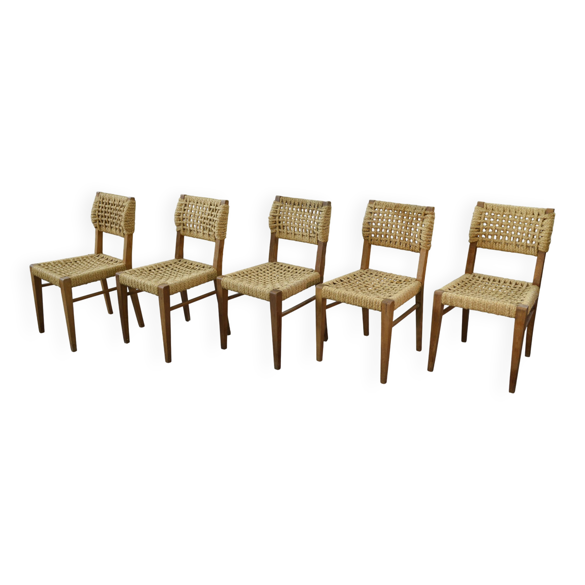 Set of 6 woven rope chairs by Adrien Audoux & Frida Minet for Vibo Versoul 1940's