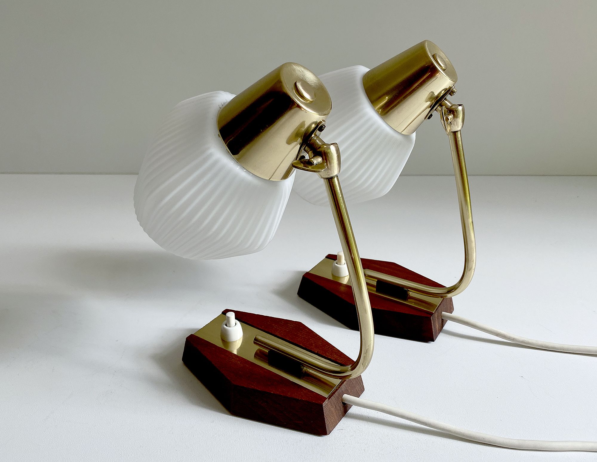 Pair of Scandinavian vintage table or bedside lamps, teak and glass, 60s