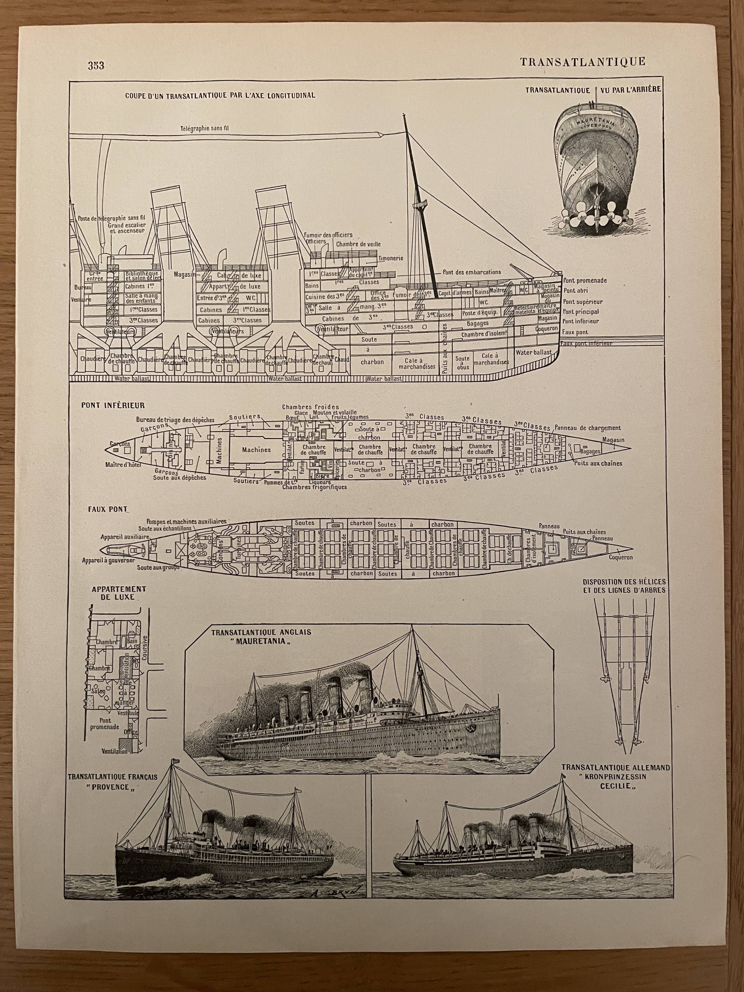 Set of 2 lithographs plan of the transatlantic liner of 1907
