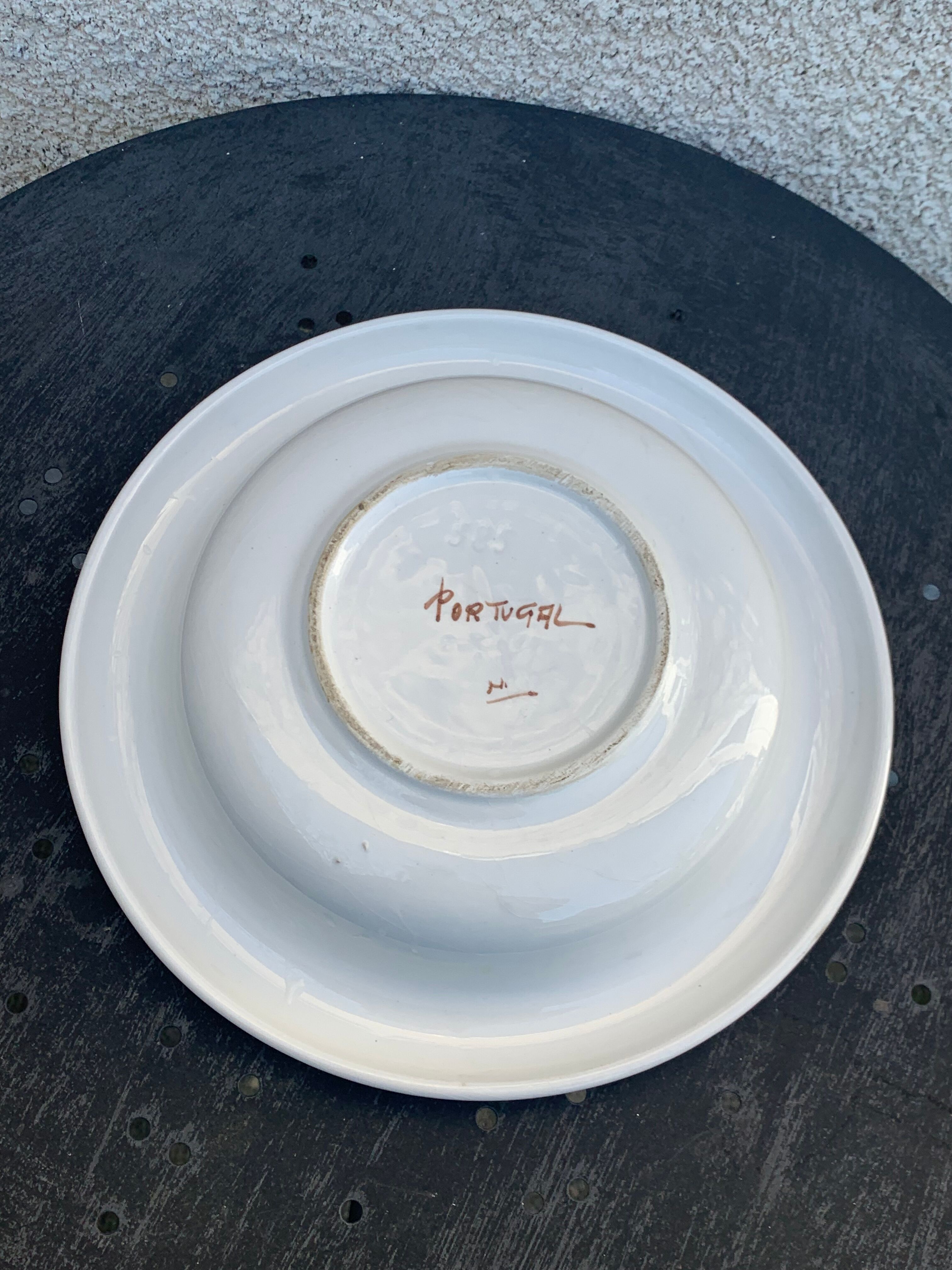 Hollow dish in enameled ceramic bird pattern hand painted Portugal numbered