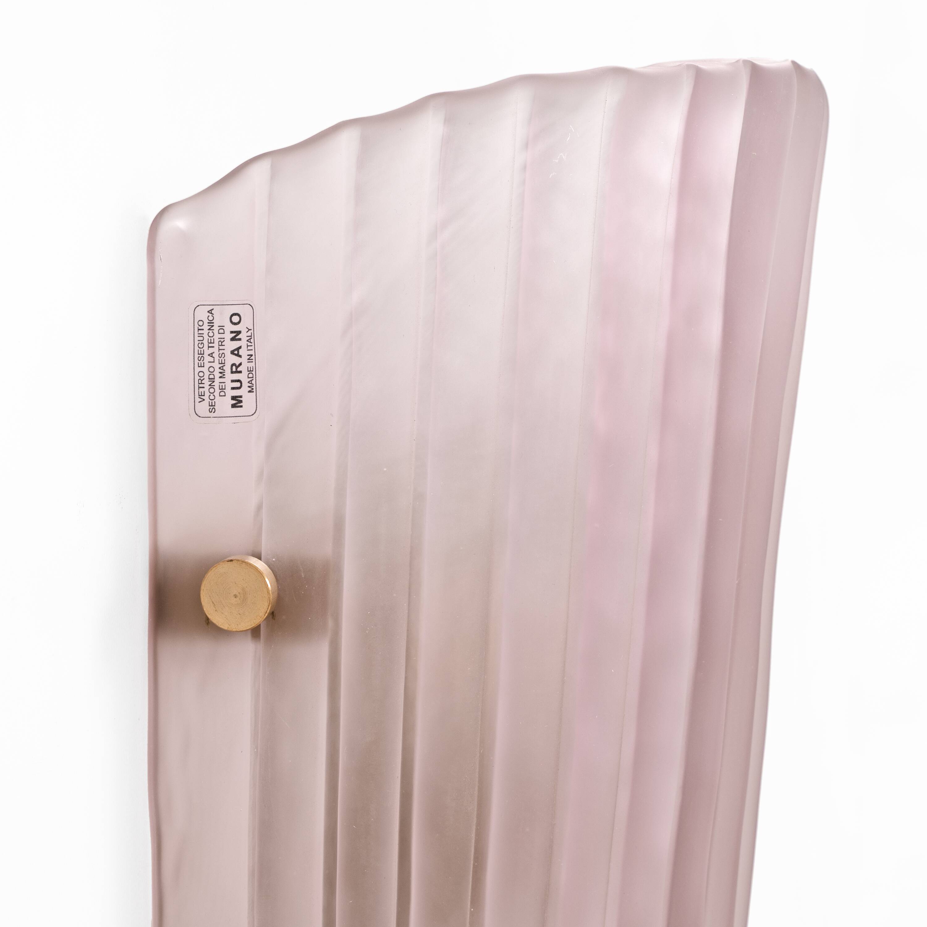 Pair of Murano Glass Wall Sconces in Pink Ribbed Glass and Brass, Italy