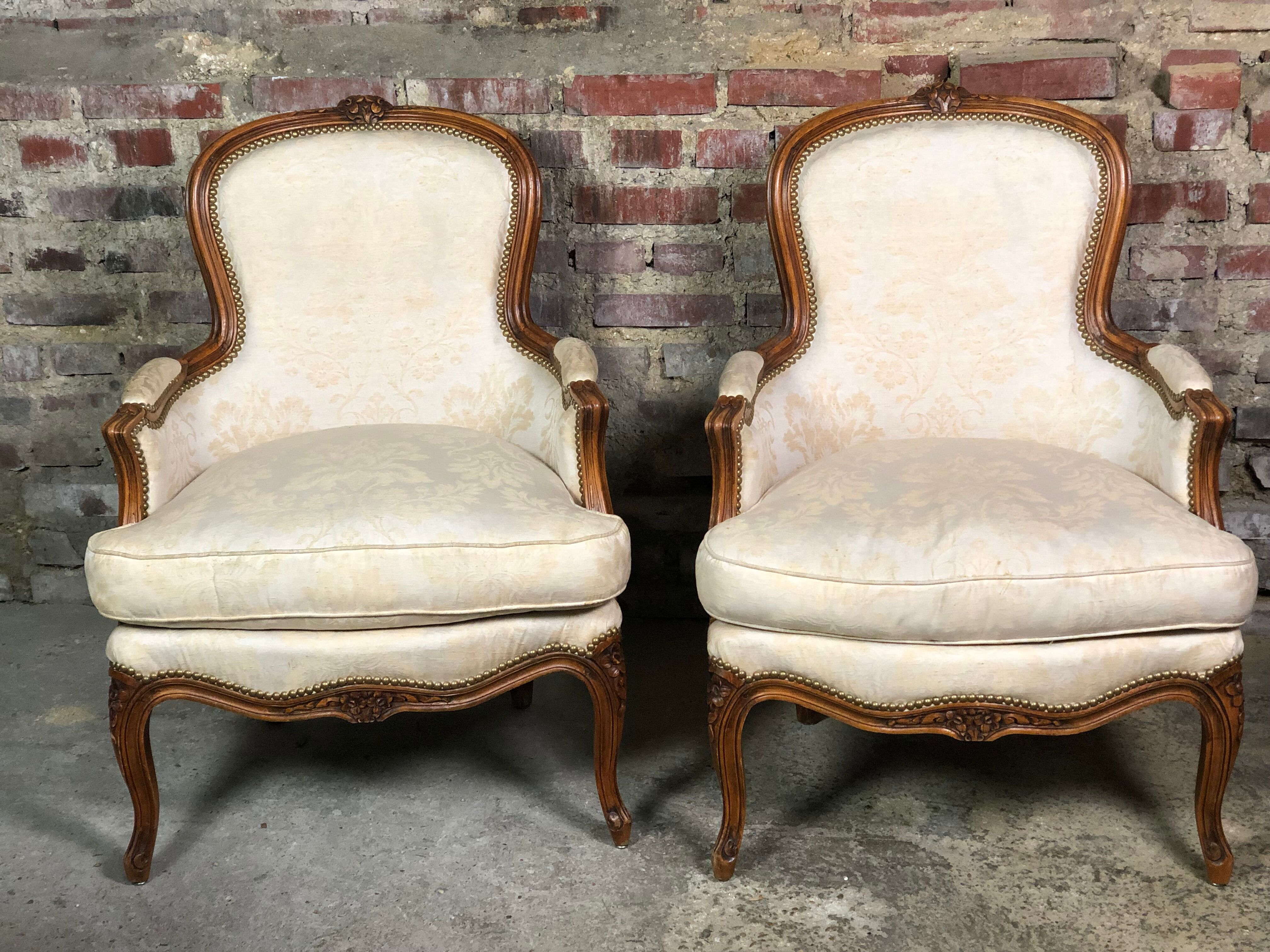 Armchairs Louis XV style carved walnut and fabric