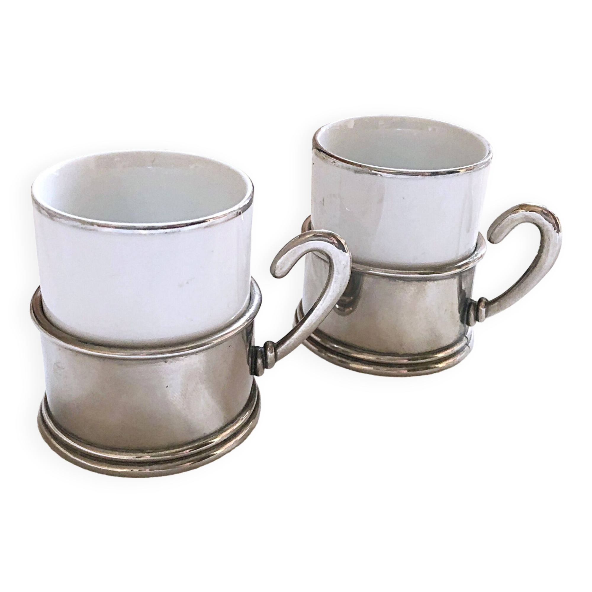 Duo Italian Porcelain Cups with Vintage Monopoly Pewter Holder