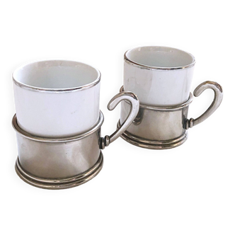 Duo Italian Porcelain Cups with Vintage Monopoly Pewter Holder