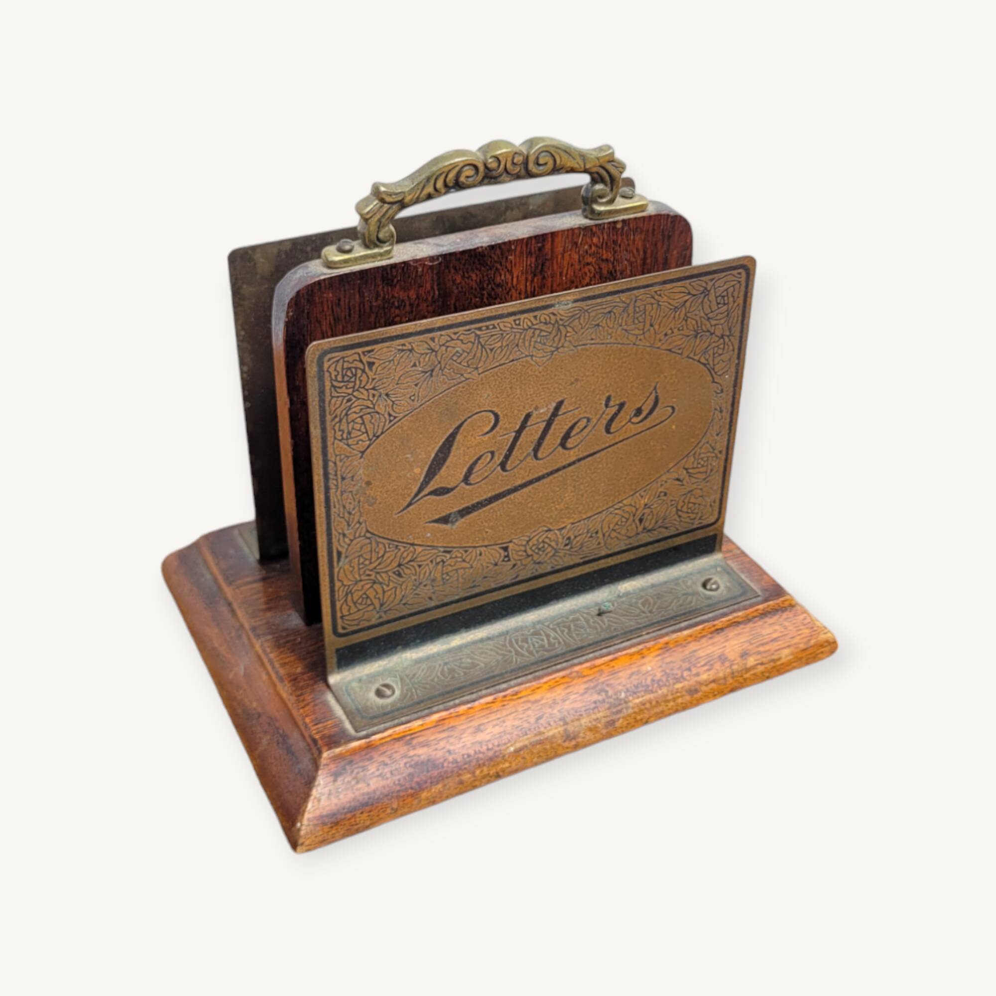 Vintage letter holder in wood and brass