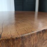 Wood coffee table, brutalist work, trapezoidal tripod base