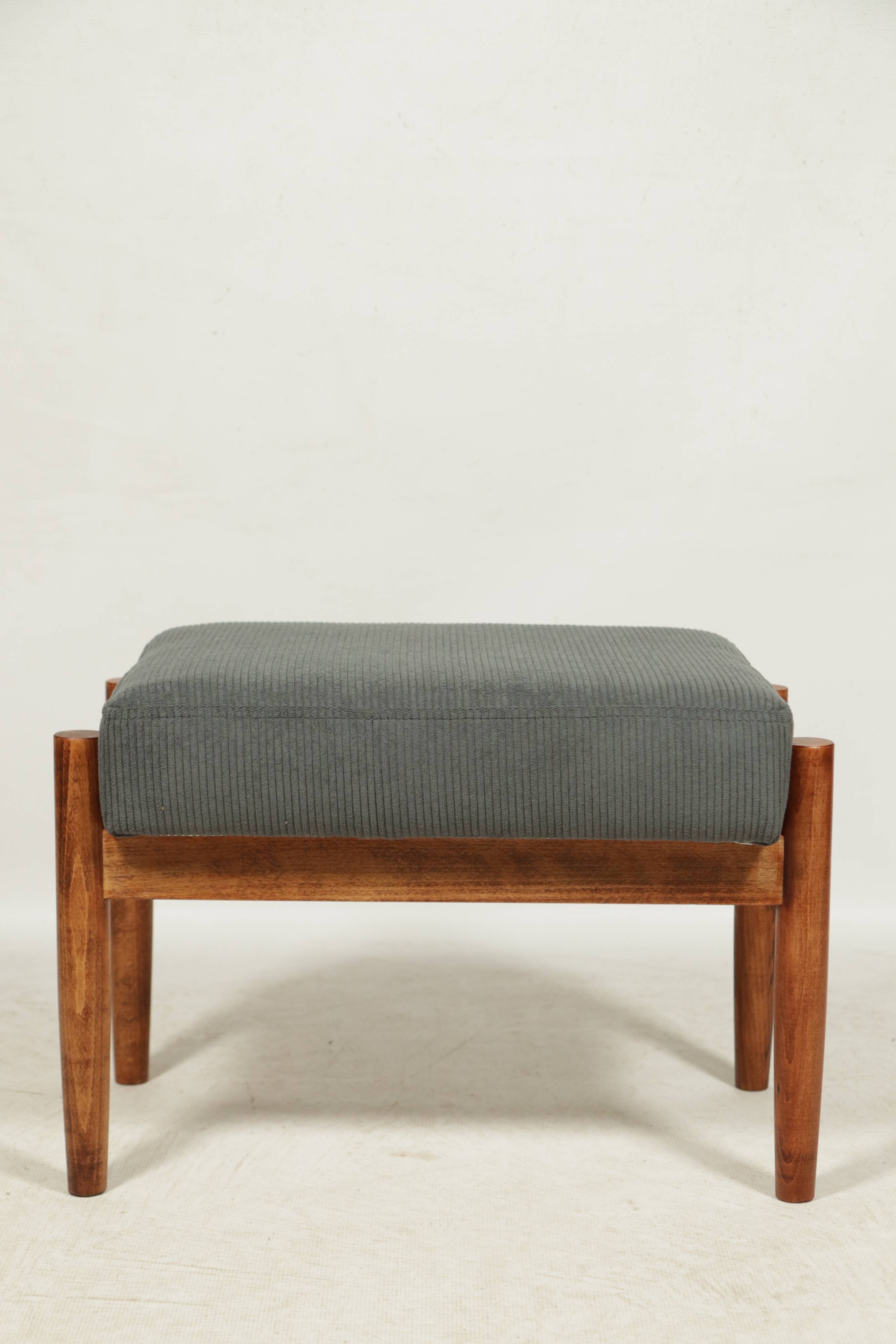 Footrest in vintage style, wooden pouffe, corduroy fabric , Graphite upholstery